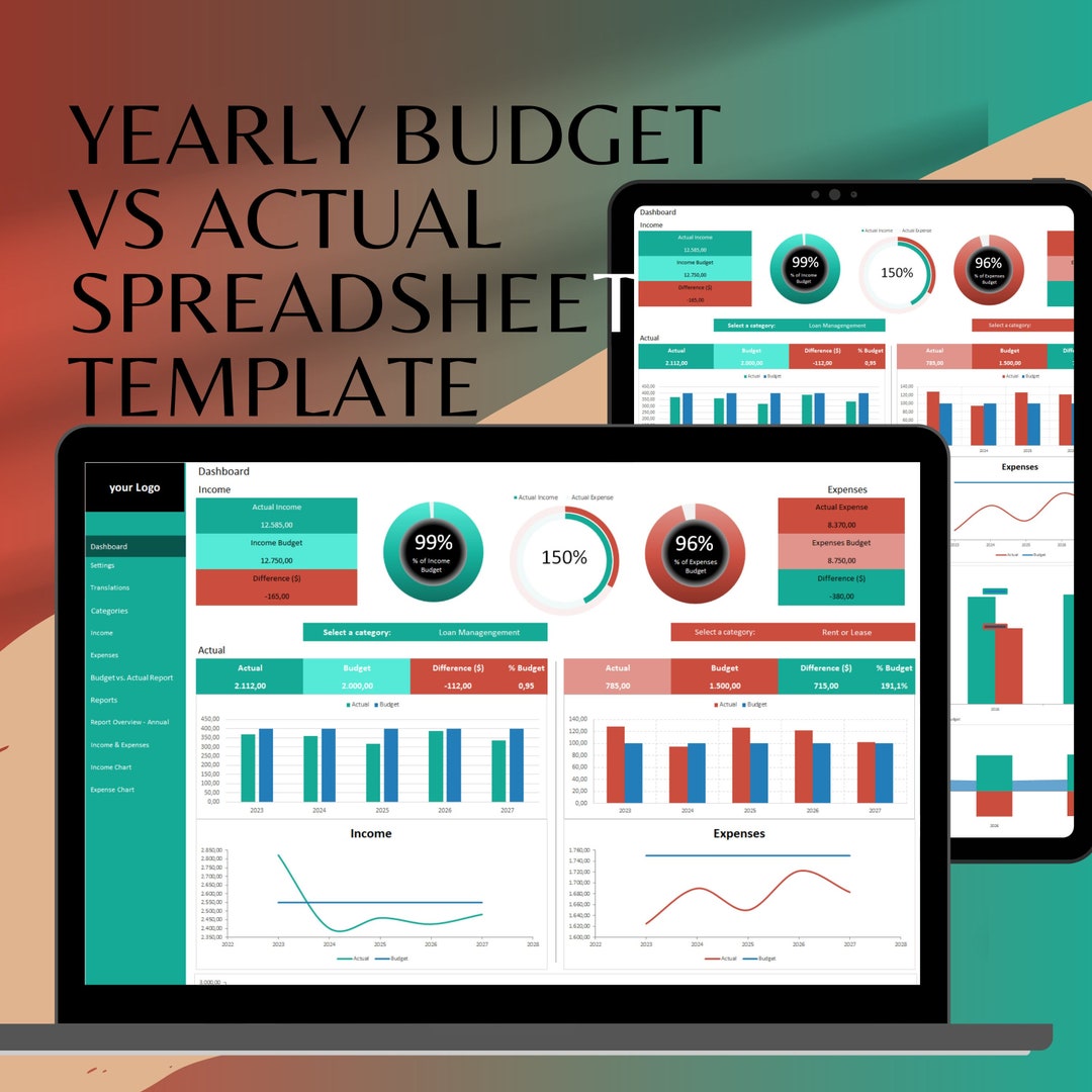 Yearly Budget Vs Actual Spreadsheet Template Financial Etsy