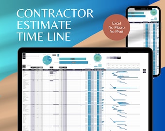 May include: A laptop and a smartphone display a spreadsheet with a Gantt chart and other data visualizations. The spreadsheet is titled "Contractor Estimate Time Line". The text "Excel No Macro No Pivot" is visible on the smartphone screen.