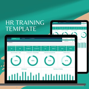 Könnte beinhalten: Ein Laptop und ein Tablet zeigen eine teal- und weiße HR-Trainingsvorlage. Der Laptop-Bildschirm zeigt Datenvisualisierungen, einschließlich Diagrammen und Prozentsätzen. Der Text "HR TRAINING TEMPLATE" steht oben. Das Tablet zeigt ähnliche Daten.