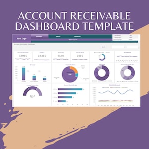 Peut inclure: Un mod&egrave;le de tableau de bord violet et turquoise pour le suivi des comptes clients. Le tableau de bord comprend des graphiques et des diagrammes montrant les comptes clients, les montants en retard, la tr&eacute;sorerie disponible et le nombre moyen de jours de d&eacute;biteurs. Le tableau de bord comprend &eacute;galement un graphique de compte mensuel montrant les ventes totales, les comptes clients et la tr&eacute;sorerie disponible.