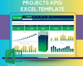 May include: A computer screen displaying a project management dashboard with a green, yellow, and blue color scheme. The dashboard shows key performance indicators (KPIs) for projects, including planned hours, time spent, and adjustments to the schedule. The dashboard is titled "Projects KPIs Excel Template".