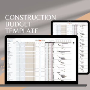 May include: A computer screen displaying a construction budget template with a detailed breakdown of costs and a Gantt chart for project scheduling.