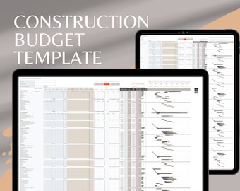 May include: A computer screen displaying a construction budget template with a detailed breakdown of costs and a Gantt chart for project scheduling.