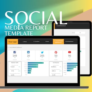 Puede incluir: Una pantalla de computadora portátil que muestra una plantilla de informe de redes sociales con un tablero que muestra datos de tráfico del sitio web y de ingresos del sitio para diferentes plataformas de redes sociales, incluidas Facebook, Instagram, Twitter, YouTube, LinkedIn, Pinterest y otras. El informe incluye datos como el conteo de fanáticos, seguidores, suscriptores y el tráfico total del sitio web. El informe también incluye datos sobre los ingresos del sitio, incluidos los ingresos totales del sitio y los ingresos del sitio de las redes sociales.