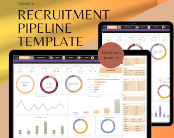 May include: A screenshot of a computer screen showing a recruitment pipeline template with charts and graphs. The template includes data on placement rate, processes by period, location, department, and more. The text "Ultimate Recruitment Pipeline Template" is displayed at the top of the screen. The text "Unlimited projects" is displayed in a circle on the screen.