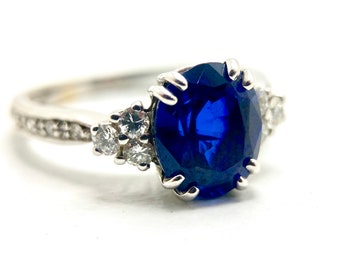 Natural blue sapphire ring with drop diamonds 18k white gold, natural blue sapphire ring, drop diamond ring, blue cluster sapphire ring