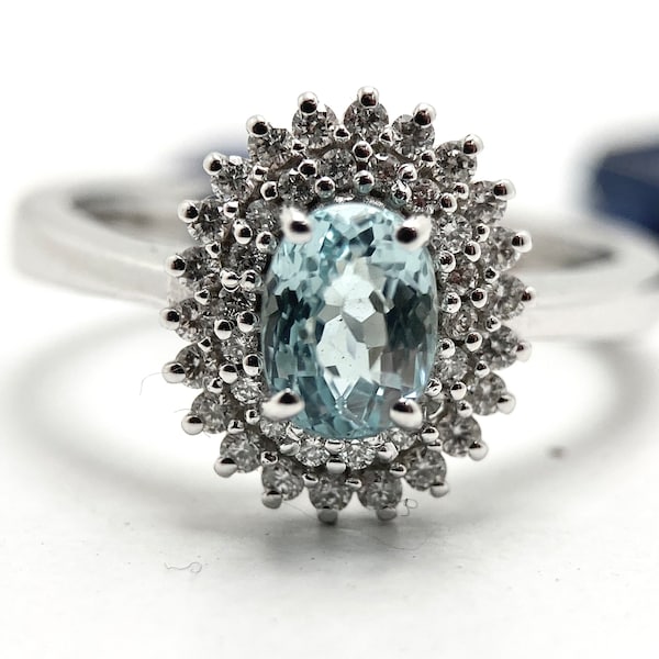 Paraiba ring, particular ring in white gold, diamonds and rare blue Paraiba