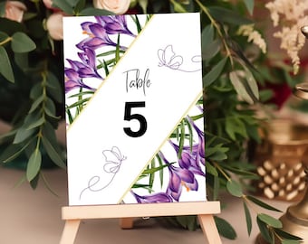 Wedding Table Numbers Purple Flower Minimalist Card Table Numbers 2024 Canva Template Easy to Customize