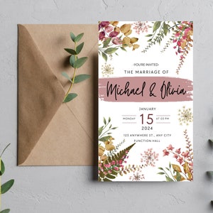 Invitation rustique de fleurs sauvages séchées Invitations de mariage numériques Modèle sur toile Carte d'invitation à téléchargement immédiat Modèle de mariage Invitations pour smartphone