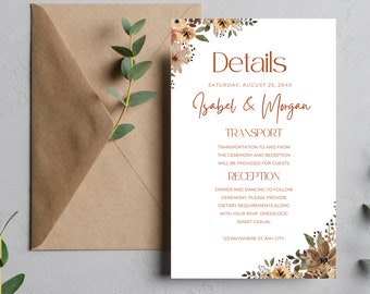 Wedding Details Card for Wedding 2024 Brown Floral Template Wedding Details Card Download Canva Template Digital Set