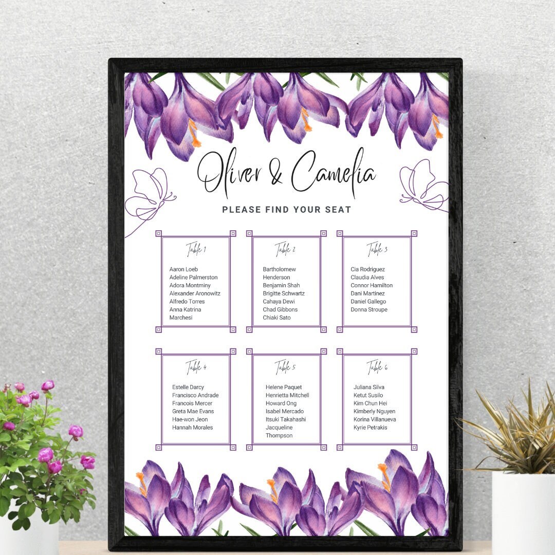 Wedding Seating Chart Digital Template 2024 Purple Flower Elegant ...