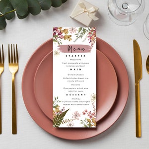 Modèle de Menu de mariage de fleurs sauvages séchées rustiques Menu de cartes Menu de table imprimable Modèle de toile en téléchargement numérique Suite de papeterie de mariage