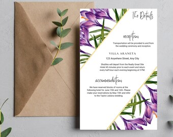 Wedding Details Card for Wedding 2024 Purple Flower Elegant Template Wedding Details Card Download Canva Template Digital Set