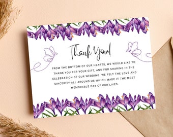 Carte de remerciement pour mariage Royaume-Uni fleur mauve Modèle de carte de remerciement minimaliste élégant 2024 Suite de modèles de carte de remerciement numérique Canva