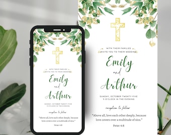 Christian Wedding Invitation UK Greenery Leaves Church Wedding Invitation Template 2024 Digital Canva Template Suite