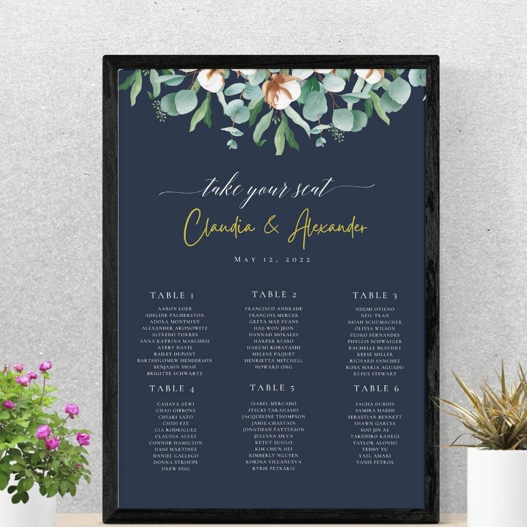 Wedding Seating Chart Digital Template 2024 Elegant Floral Blue and ...