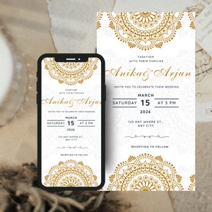 Elegante Gold Mehndi indische Hochzeit Hinduzeremonie Digitale Einladungen Canva Vorlage Sofort-Download Einladungskarte Hochzeitsreihe