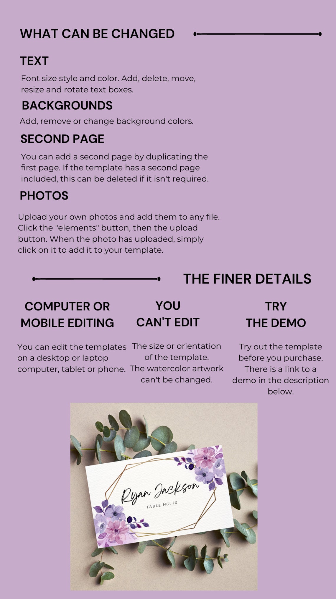 Place Names Card for Wedding UK Purple Floral Minimalist Place Names