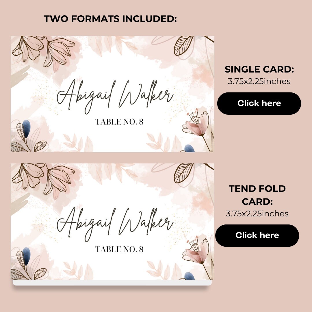 Place Names Card Template for Wedding USA Rustic Floral Brown Place ...