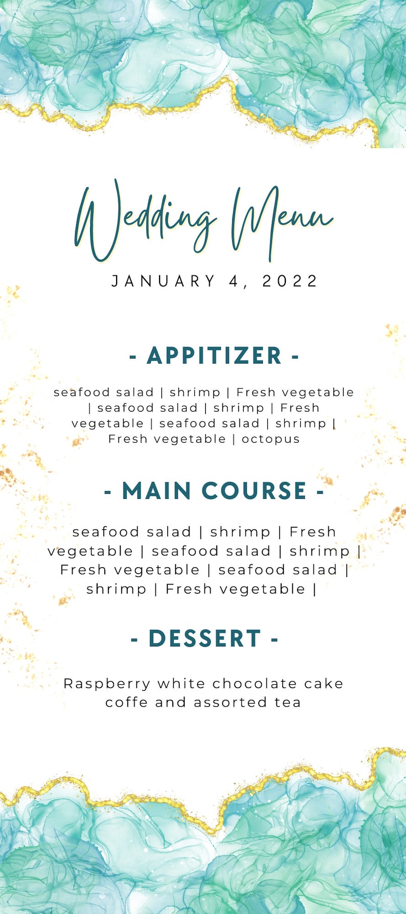 Wedding Menu for Wedding Marble Bluegreen Digital Canva Template