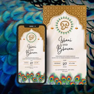 Faire-part numérique de mariage tamoul plumes de paon mariage indien modèle toile d'invitation imprimable en téléchargement numérique Suite de mariage