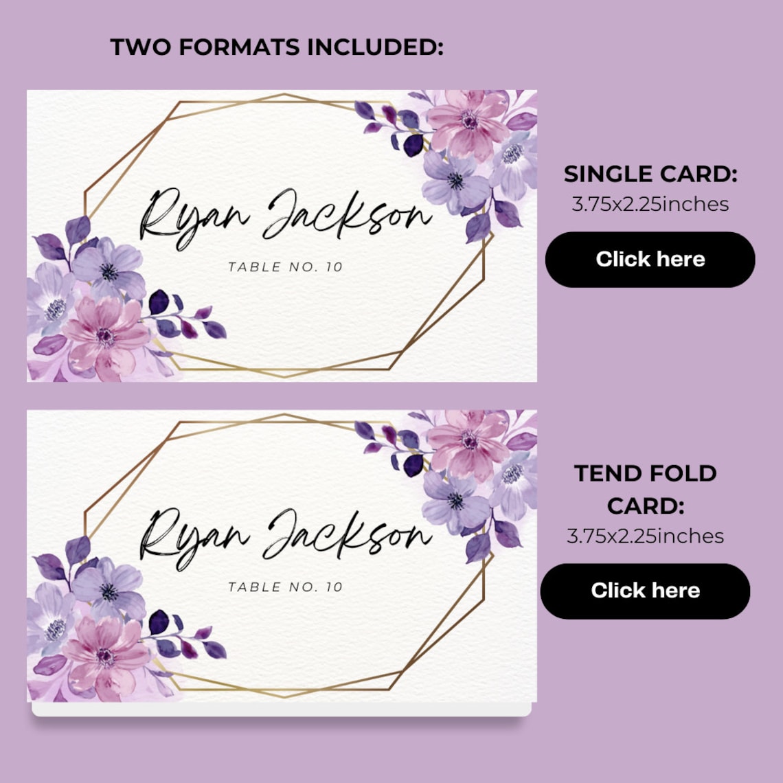 Place Names Card for Wedding UK Purple Floral Minimalist Place Names