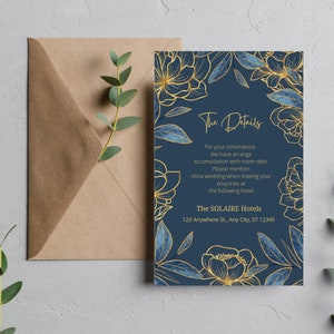 Wedding Details Card for Wedding Blue and Gold Floral Pattern Minimalist Wedding Details Card 2024 Canva Template Easy to Customize