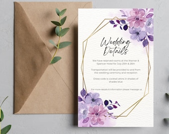 Wedding Details Card for Wedding 2024 Purple Floral Minimalist Template Wedding Details Card Download Canva Template Digital Set