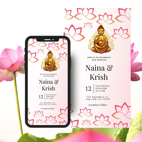 Buddhist Wedding Invitation Pink Tulips Pattern Template Buddhist Wedding Canva DIY Ideas