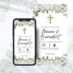 Elegante jardim floral branco convites digitais de casamento cristão modelo Canva cartão de convite download instantâneo salvar as datas suíte de casamento