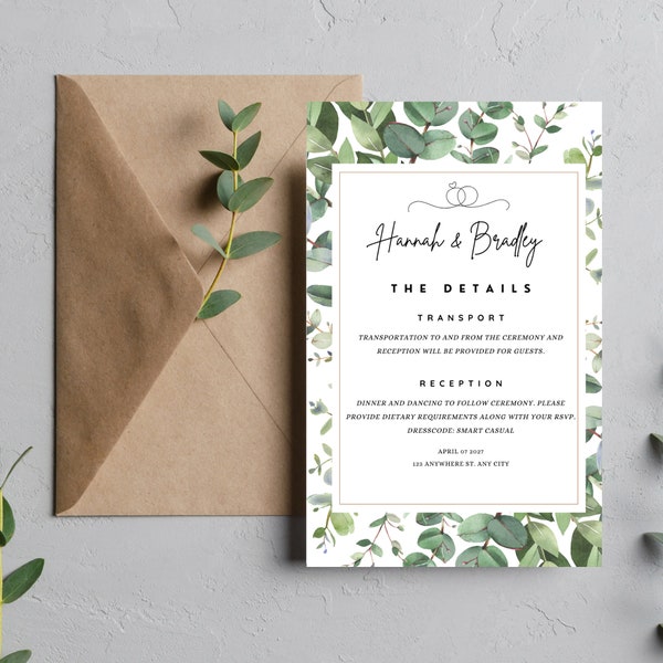 Wedding Details Card for Wedding 2024 Eucalyptus Green Template Wedding Details Card Download Canva Template Digital Set