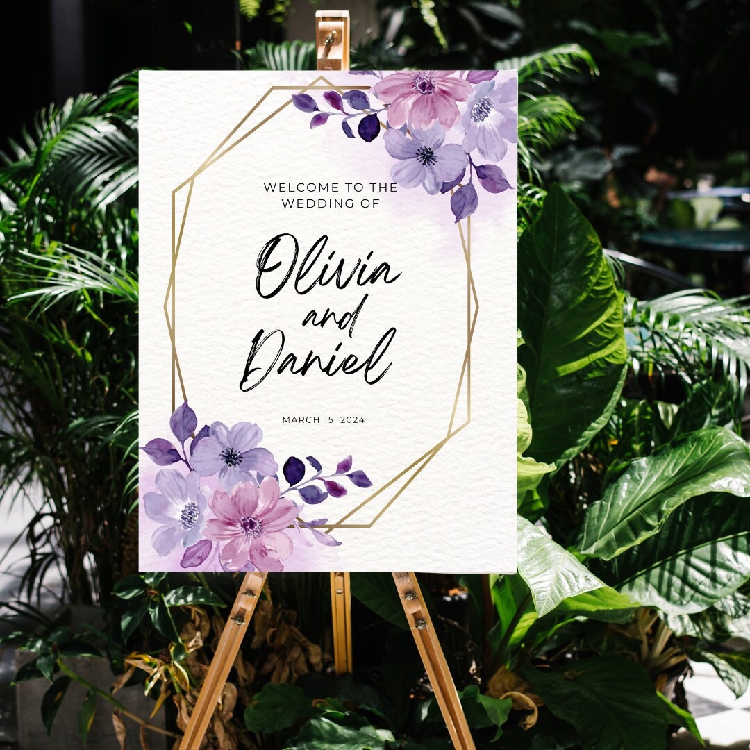 Elegant Purple Flowers Wedding Welcome Sign Watercolor Floral Reception ...
