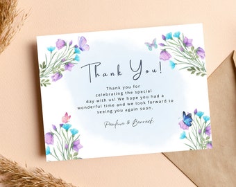 Carte de remerciement pour mariage, modèle de toile numérique floral violet et bleu, modèle de carte de remerciement bricolage à télécharger