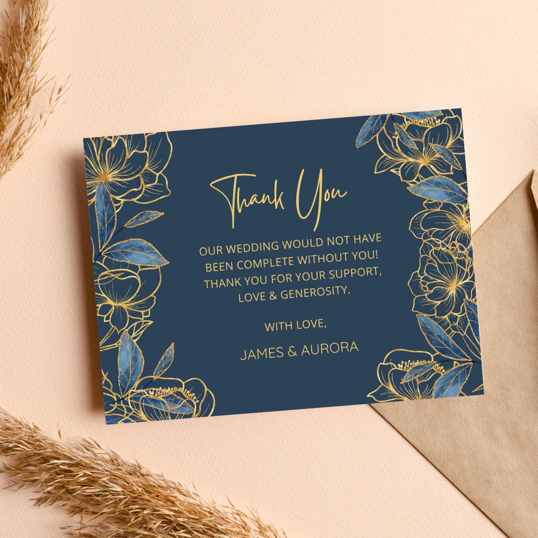 Blue Gold Flower Pattern Wedding Thank You Cards Template Table Digital ...