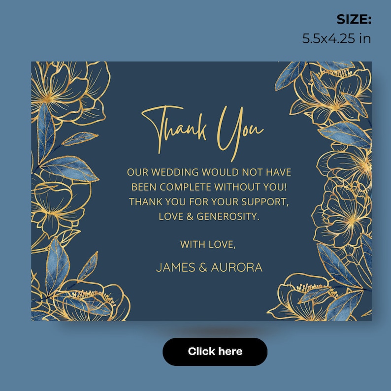 Blue Gold Flower Pattern Wedding Thank You Cards Template Table Digital ...