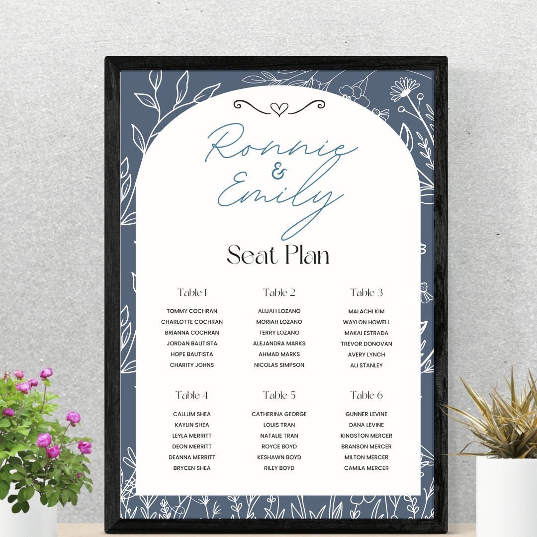 Wedding Seating Chart Vintage Style Blue Floral Pattern Minimalist ...