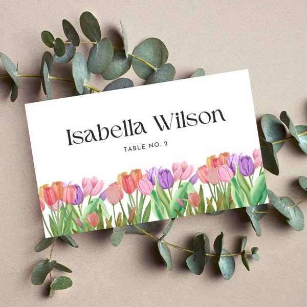 Place Names Card Template for Wedding Tulips Flower Minimalist Place Names Card 2024 Canva Template Easy to Customize