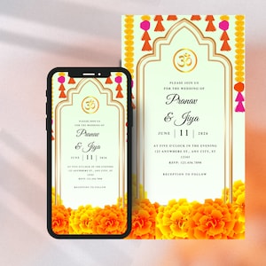 鮮やかなマリーゴールドの花 インドの結婚式招待状 ヒンズー教の儀式 Canva テンプレート 印刷可能な招待状 Canva テンプレート デジタルダウンロード ウェディングスイート
