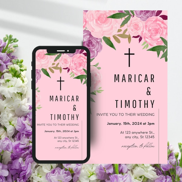 Christian Wedding Invitation UK Pink Purple Floral Church Wedding Invitation Template 2024 Digital Canva Template Suite