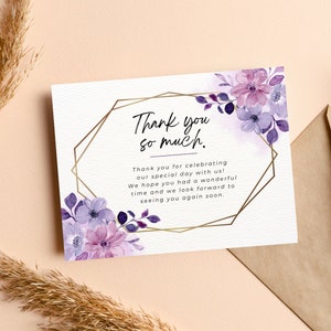 Eleganti fiori viola matrimonio biglietti di ringraziamento modello tavolo note digitali carte modello Canva biglietti di nozze matrimonio cancelleria suite