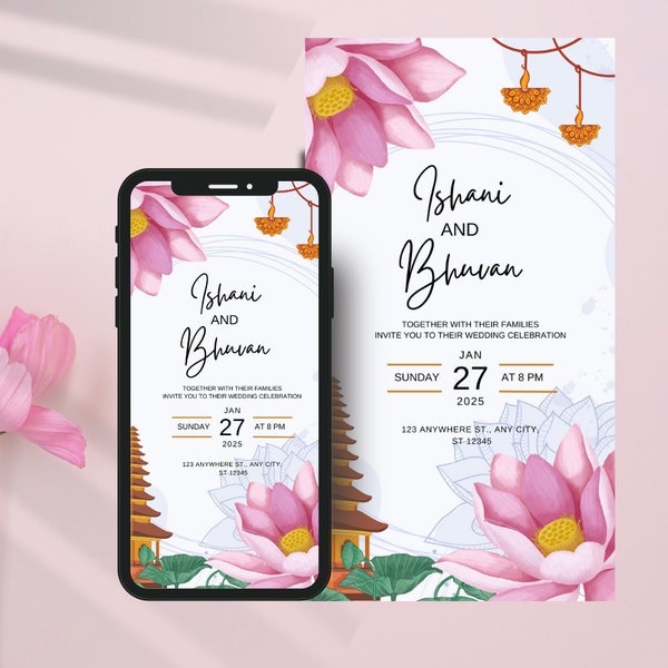 Hindu Wedding Invitation Modern Minimalist Pink Lilies Floral Template DIY 2024 Canva Template Easy to Customize