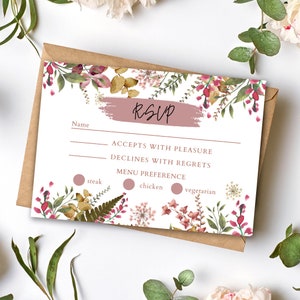Modèle de cartes RSVP de mariage rustique de fleurs sauvages séchées Modèles de cartes Modèle imprimable sur toile numérique Cartes de mariage Mariage fixe Suite de mariage