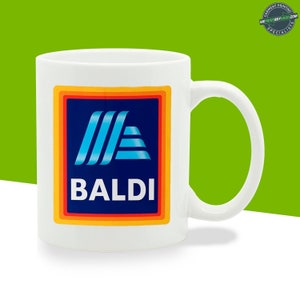 May include: White ceramic mug with a blue, yellow, and orange logo that says "ALDI" on it.