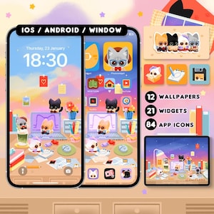Gatito de oficina / Lindo tema de teléfono de gato / Fondo de pantalla, Icono de aplicación y paquete de widgets para iOS / Android / iPad Tablet Ventana / Trabajo