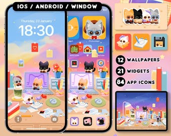 Office kitten | Cute Cat Phone Theme | Wallpaper, App Icon & Widget Pack for iOS / Android / iPad Tablet Window | Working