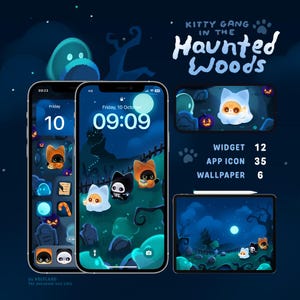 May include: A digital illustration with a Halloween theme, displaying the text "KITTY GANG in the Haunted Woods." The image presents phone and tablet screens with themed app icons, widgets, and wallpapers. The colour scheme includes dark blues, oranges, and whites.