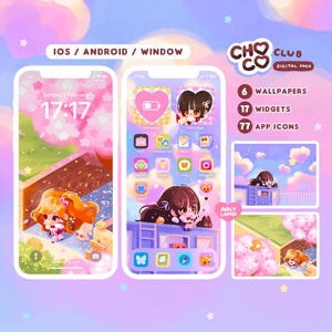 May include: A digital pack for iOS, Android, and Windows devices featuring a pink and blue color scheme with clouds, hearts, and cartoon characters. The pack includes 6 wallpapers, 17 widgets, and 77 app icons. The text "CHO CLUB CO" is displayed in a pink and blue heart design.