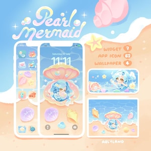 May include: A digital graphic set titled Pearl Mermaid featuring pastel-colored smartphone wallpapers, app icons, and widgets. The design showcases a mermaid inside a seashell, starfish, and ocean elements in soft blue, pink, and peach tones.