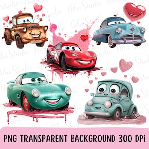 Lightning McQueen and Friends Valentine Car Splash PNG, Watercolor Clipart PNG, Lightning McQueen Sublimation Design, Valentine Car PNG