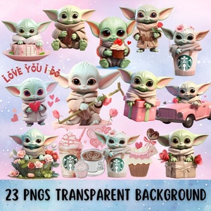 Baby Yoda Valentine Clip Art Bundle PNG, Valentine Sublimation Design PNG, Space War PNG, Valentine's Day